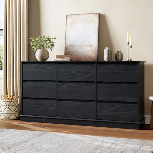 GarveeHome 9 Drawer Dressers for Bedroom, Chest of Drawers with Deep Drawers, Large Double Dresser for Closet with Wide Top, Horizontal Wooden Dresser for Living Room, Hallway, Kids Room, Black GarveeHome