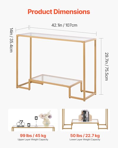 VEVOR 2-Tier Glass Console Table, Modern Rectangle Sofa Side Table with Tempered Glass Top and Iron Legs, Golden Consloe Desk with Anti-Tip Device for Living Room, Hallway, Entryway, Foyer, Golden VEVOR