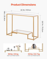 VEVOR 2-Tier Glass Console Table, Modern Rectangle Sofa Side Table with Tempered Glass Top and Iron Legs, Golden Consloe Desk with Anti-Tip Device for Living Room, Hallway, Entryway, Foyer, Golden VEVOR
