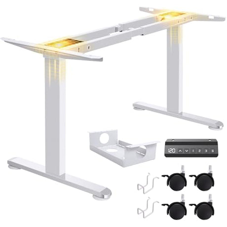 farexon Electric Standing Desk Frame with Cable Management Tray, Wheels & Hooks, Heavy Duty Dual Motor Stand Up Desk Dual-Beam Frame,265 lbs Capacity up to 78" x 40" Tops (White Frame Only) farexon