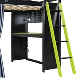 Linique Full Size Gaming Loft Bed with Desk, LED Lights and Charging Station, Wood Loft Bed Frame with Wardrobe, Open Shelves, Blackout Curtains, for Kids Teens Adults, Black+Green Linique