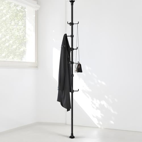 Sempicad Coat Rack Freestanding, 56 to 125 inch Adjustable Tension Rod Coat Hanger with 12 Hooks for Hanging Coat, Jacket, Hat, Scarf, Suitable for Living Room, Balcony, Kitchen Black… Sempicad