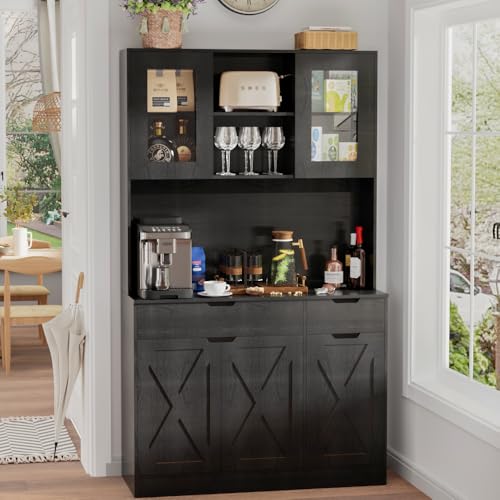 GTFURNI 71" Tall Kitchen Pantry Storage Cabinet Large Farmhouse Hutch Cabinet with Microwave Stand, Charging Station, Adjustable Shelves, Countertop for Dining Room, Living Room, Black GTFURNI