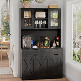 GTFURNI 71" Tall Kitchen Pantry Storage Cabinet Large Farmhouse Hutch Cabinet with Microwave Stand, Charging Station, Adjustable Shelves, Countertop for Dining Room, Living Room, Black GTFURNI