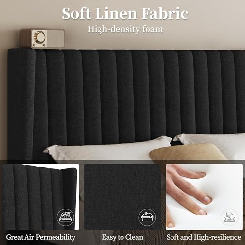 Yaheetech Queen Bed Frame Upholstered Platform Bed with Fabric Headboard, Wing Edge Design/Non-Slip and Noise-Free/Wooden Slats Support/No Box Spring Needed/Easy Assembly, Black Queen Bed Yaheetech