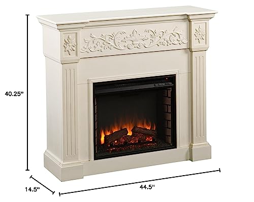 SEI Furniture Calvert Electric Carved Floral Trim Fireplace, 44.5" W x 14.5" D x 40.25" H, Ivory