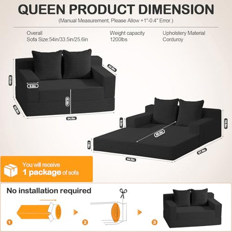 Erament Loveseat Boneless Convertible Sofa Bed, Folding Floor Futon Sleeper Sofa Couch Bed- Boneless Foldable Couch, Corduroy Pull Out Sofa Bed with 2 Pillows for Living Room & Bedroom Erament