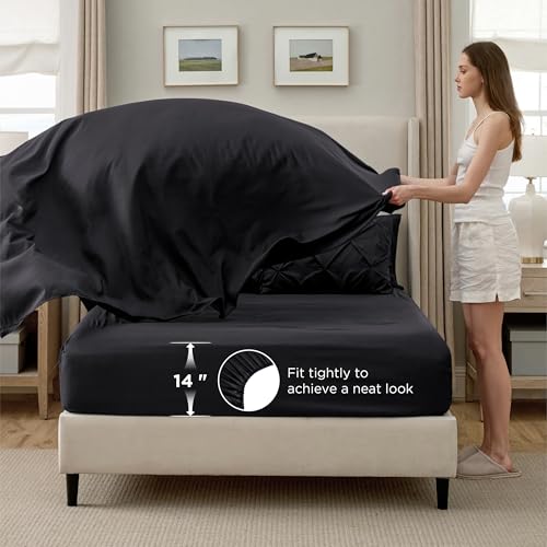 Bedsure Oversized King Comforter Set Black - Bed in a Bag Bedding Set 7 Pieces, GentleSoft™ Pintuck Bed Set Gift for Family, Pinch Pleat Black Comforter with Sheets, Pillowcases & Shams Bedsure