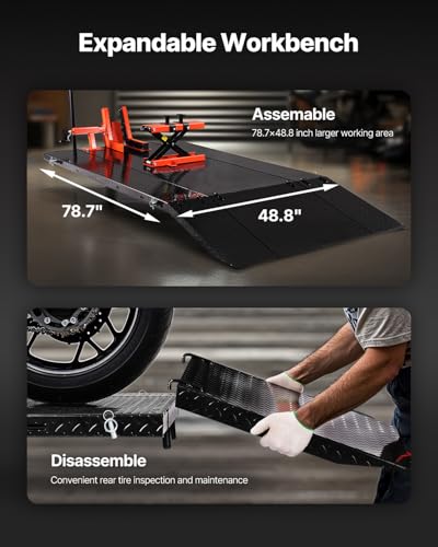 VEVOR Motorcycle Lift Table, 1500lbs Weight Capacity, Pneumatic Motorcycle Jack, 8.6-31 in Height Range, Heavy Duty Bike Repair Stand with Removable Workbench, Repair Platform for ATVs, Dirt Bike VEVOR
