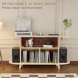Hretanant Record Player Stand,55" Record Storage Cabinet with Charging Station&USB Ports,Mid Century Turntable Stand with Vinyl Storage&LED Lights,Holds up to 300+ Albums,for Living Room Bedroom,Oak Hretanant