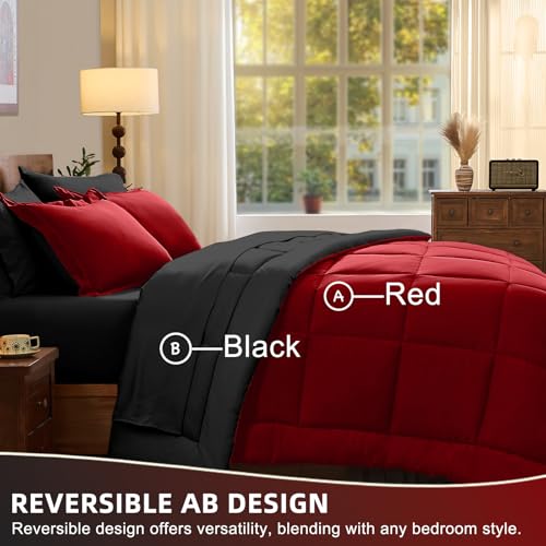 FUANNA Full Size Comforter Sets 7 Pieces, Reversible Bed in a Bag Full with All Season Premium Comforter, Bedding Sets Includes Comforter, Flat Sheet, Fitted Sheet, Pillowcases & Shams, Red & Black FUANNA