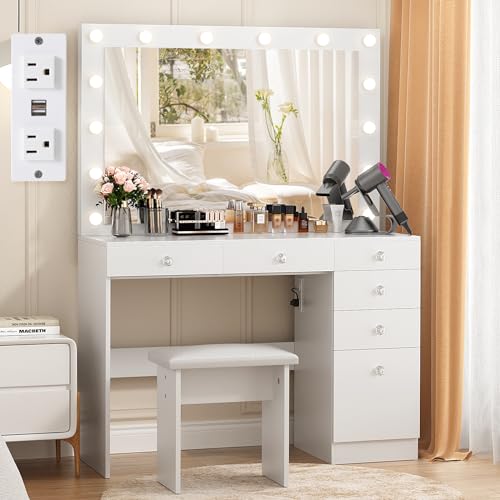 VOWNER Vanity with Lights - 43" Makeup Vanity Desk with Power Outlet, 5 Drawers and 1 Cabinet, 3 Color Lighting Modes with Adjustable Brightness,Makeup Desk with Stool for Women Girls, White - WoodArtSupply