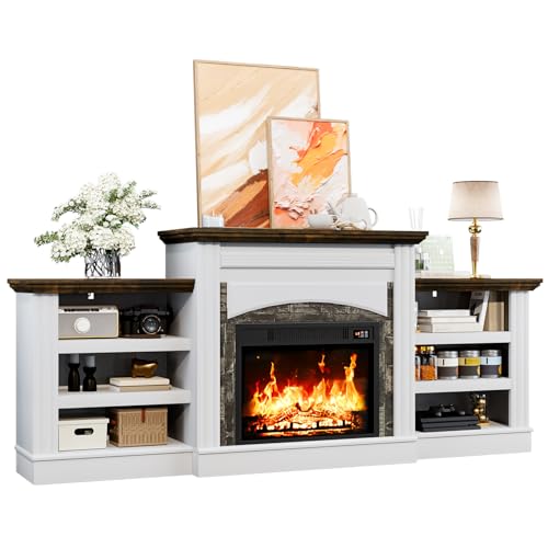 Frmobepts 72" Electric Fireplace TV Stand, Electric Fireplace with Mantel, Modern Entertainment Center with Storage, Realistic Stacked Stone Surround for Living Room Frmobepts