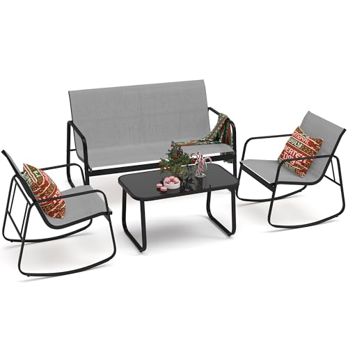 YITAHOME 4 Piece Patio Furniture Set, Small Backyard Bistro Rocking Chairs, Loveseat and Glass Table, Textilene Outdoor Conversation Set for Lawn, Garden, Balcony, Poolside (Grey) - WoodArtSupply