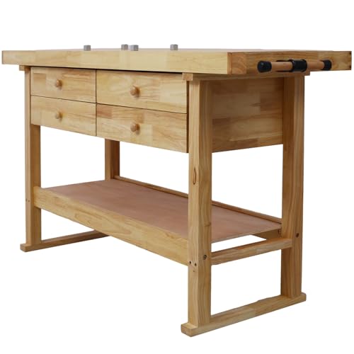 60" Solid Wood Workbench with 4 Drawers and Lower Shelf, Durable Rubberwood Wooden Workbench for Garage, Woodworking Carpenter Workshop and Home Natural Finish 330 lbs Capacity - WoodArtSupply