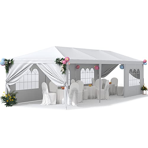 Greesum 10x30 Outdoor Canopy Tent Patio Camping Heavy Duty Gazebo Shelter Party Wedding BBQ Events with Side Removable Walls, Waterproof Shelter, White Greesum