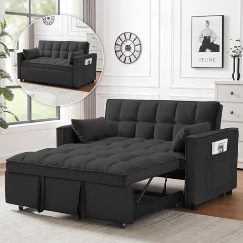 tiramisubest Sleeper Sofa Bed,55'' Convertible Pull Out Couch with Side Pockets,Velvet Fabric Loveseat Sleeper Sofa with Adjustable Backrest for Living Room,Apartment(Black) tiramisubest