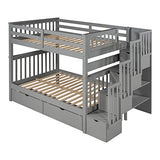 MERITLINE Solid Wood Bunk Bed with Staircase Storage, Full Over Full Bunk Bed with Drawers for Kids, Teens & Adults, Space Saving Design (Gray) MERITLINE