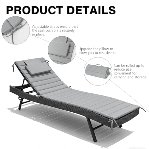 Minventiss Chaise Lounge Cushion Outdoor Set of 2，Patio Foldable Chaise Lounger Cushion，Foldable Waterproof Pool Lounge Chair Cushions with Straps, Lounger Cushions for Outdoor Furniture，71''Lx21''W
