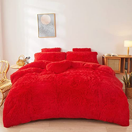 FOPPA Christmas Comforter Cover Queen - Ultra Soft Plush Bedding Set 3 Pieces (1 Faux Fur Duvet Cover + 2 Faux Fur Pillow Cases) Red Bed Set FOPPA