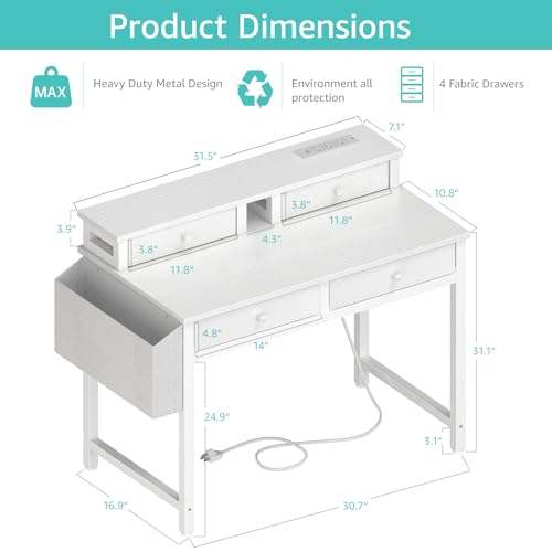 Lufeiya Small White Desk with Fabric Drawers for Bedroom, 32 inch Vanity Makeup Desk with Drawers Storage for Home Office, Writing Study Table with Power Outlet & Monitor Stand, White - WoodArtSupply