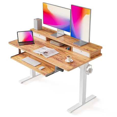 FEZIBO 48×24 Inchs, Adjustable Standing Desk - Whole-Piece Design with Drawers, Keyboard Tray & Storage Shelf, Light Rustic Top FEZIBO