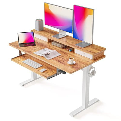 FEZIBO 48×24 Inchs, Adjustable Standing Desk - Whole-Piece Design with Drawers, Keyboard Tray & Storage Shelf, Light Rustic Top