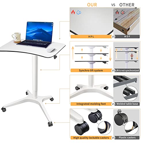 HAOOAH Pneumatic Adjustable Height Desk, Laptop Standing Desk, Rolling Sit-Stand Cart, Mobile Podium Portable Lectern for Home, Office& Classroom, 26" 19.3" Platform (29" to 46.9" H)，White HAOOAH
