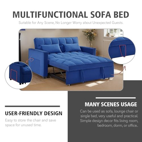 3 In 1 Velvet Convertible Sofa Bed, Pull Out Couch Bed with Reclining Backrest And 2 Pillows, 54" Full Size Loveseat Sleeper Sofa Futon Couch Beds, Couches For Small Spaces, Living Room (Dark Blue) Xinmviec