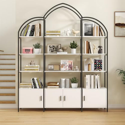Semoic Arched Bookshelves and Bookcases: Triple Wide 5-Tier Large Open Bookshelf, Etagere Bookcase with Display Shelf for Home Office, White and Black