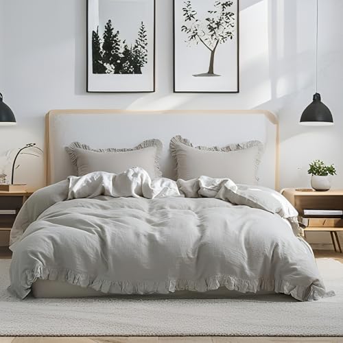 Simple&Opulence 100% Linen Duvet Cover Set, Natural French Flax Light Grey Ruffle Duvet Cover Twin Size, Breathable Comfy Linen Bedding Comforter Cover with 1 Pillowcase (Light Grey, 68" x 86") Simple&Opulence