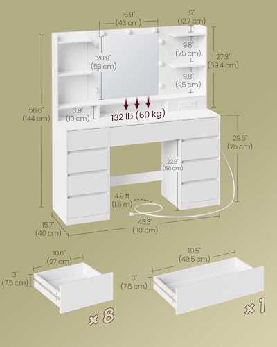 VASAGLE Kailyn Collection - Vanity Desk with Mirror and 9 LED Bulbs, Vanity Makeup Table with Power Outlets, Dressing Table with 9 Drawers, for Bedroom, Cloud White URDT141WB01S VASAGLE