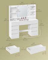 VASAGLE Kailyn Collection - Vanity Desk with Mirror and 9 LED Bulbs, Vanity Makeup Table with Power Outlets, Dressing Table with 9 Drawers, for Bedroom, Cloud White URDT141WB01S VASAGLE