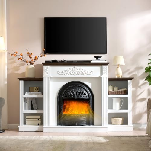 78" Birdcage-Style Electric Fireplace with Mantel, 46" Tall Fireplace TV Stand for 90" TV, Farmhouse Entertainment Center with Storage & Replaceable Insert Heater for Living Room, White+Walnut SOOWERY
