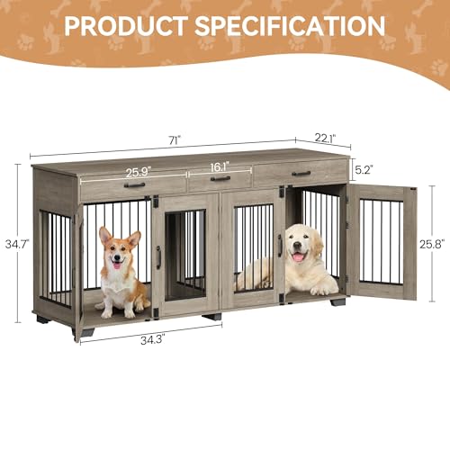 71''Wooden Dog Crate Furniture for 2 Dogs, XXL Indoor Double Dog Kennel with 3 Storage Drawers and Removable Divider, Wooden Double Doors, Large Dog Crate TV Stand End Table, Gray GarveeTech