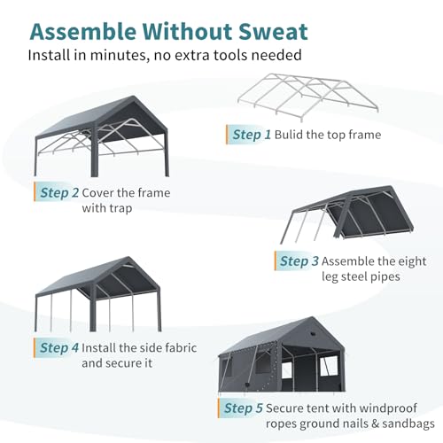 10x16FT Heavy Duty Carport Canopy,Extra Large Portable Car Tent Garage with Roll-up Windows and All-Season Tarp Cover,Removable Roof&Side Wall for Car, SUV,Boats&Truck Shelter Logic Storage Sannwsg