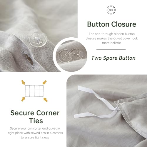 Simple&Opulence 100% Linen Duvet Cover Set, 3 PCS Natural French Flax Light Grey Duvet Cover King Size, Breathable Soft Comfy Linen Bedding Comforter Cover with 2 Pillowcases(Light Grey, 104" x 92")