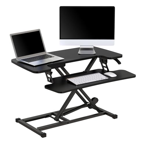 Realspace® P10 Pneumatic Standing Desk Riser Converter with Keyboard Tray, 20"H x 31-1/2"W x 25"D, Black Realspace