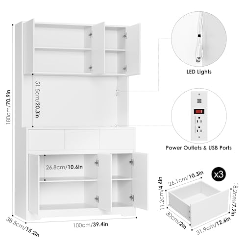 finetones 71'' Tall Kitchen Pantry Storage Cabinet with Power Outlets and Led Lights, Large Kitchen Hutch Buffet Cabinet with Microwave Stand, Pantry Cabinet Kitchen Cabinet with Buffet Cupbo - WoodArtSupply