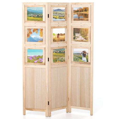 Giantex 3 Panel Room Divider with 9 Rotating Picture Frames, 67'' Folding Privacy Screen for Photo Display, Freestanding Wood Wall Partition for Room Separation, Bedroom, Office, Natural Giantex