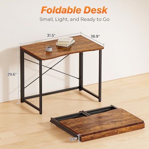Huuger Folding Desk for Small Spaces, 31.5 Inch Foldable Computer Table, for Home Office, Study, Bedroom, Dorm, Space Saving, Small Writing Work Office Computer Desk, Easy to Fold, Rustic Brown Huuger