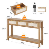 ELYKEN 51.2" Entryway Table with 3 Rattan Drawers, Boho Console Table Narrow with Storage, Long Sofa Table for Behind Couch Entry Hallway, Entrance, Living Room, Oak Brown ELYKEN
