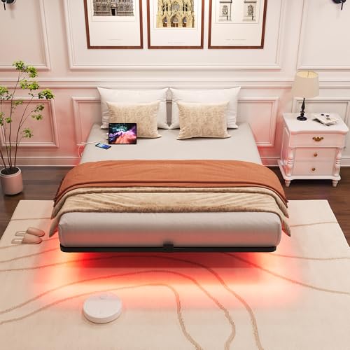 FSJianYi Queen Size Floating Bed Frame with LED Lights & Charging Station - Modern Sturdy Metal Platform Bed, Mattress Gaskets, Noise-Free, No Box Spring Needed, Quick Easy Assembly FSJianYi