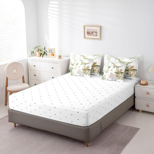 Feelyou Kids Cute Dinosaur 7 Piece Bedding Set King Size Cartoon Green Dinosaur Comforter Set with Sheets for Boys Girls Teens Cute Animal Bed in a Bag Coconut Plant Bed Set Feelyou