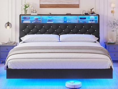 BTHFST King Size Floating Bed Frame with LED Lights, Charging Station & Hidden Storage Headboard in Dark Grey - WoodArtSupply