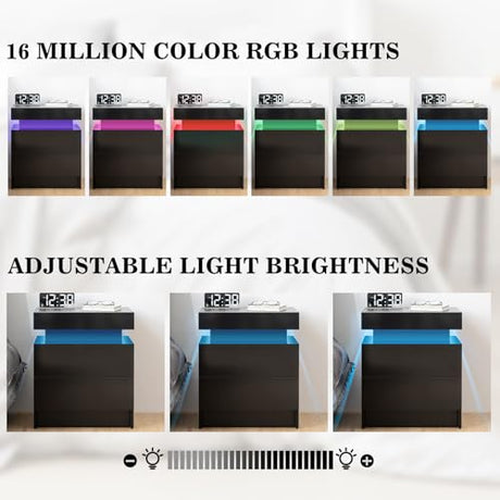 HOMMPA LED Nightstand Modern Black Nightstand with Led Lights Wood Matte Led Bedside Table Night Stand with 2 High Gloss Drawers for Bedroom 20.5" Tall HOMMPA