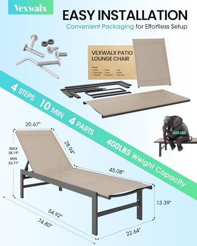 Vexwalx Outdoor Lounge Chair for Pool, Aluminum Chaise Lounge Chairs with 5-Position Recliner, Patio Lounge Chair for Backyard, Poolside, Deck, Lawn (Khaki) Vexwalx