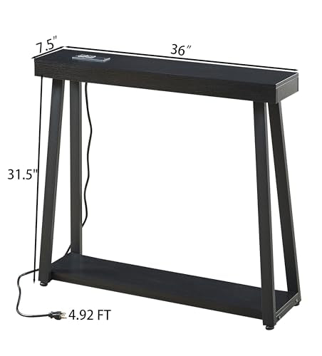 BOYUANH Narrow Small Entryway Console Table with Charging Station, Outlets&Ports, 36 Inch Thin High Tall Sofa Table for Entry Hallway, Living Room, Foyer, Behind Couch, Thick Metal Frame, Black BOYUANH
