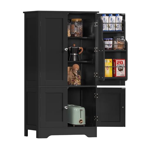 TEENFON Storage Cabinet with 4 Doors, Kitchen Cabinet with 6 Door Shelves, Kitchen Pantry for Living Room, Dining Room, Bathroom, Black TEENFON
