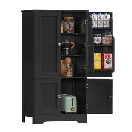 TEENFON Storage Cabinet with 4 Doors, Kitchen Cabinet with 6 Door Shelves, Kitchen Pantry for Living Room, Dining Room, Bathroom, Black TEENFON